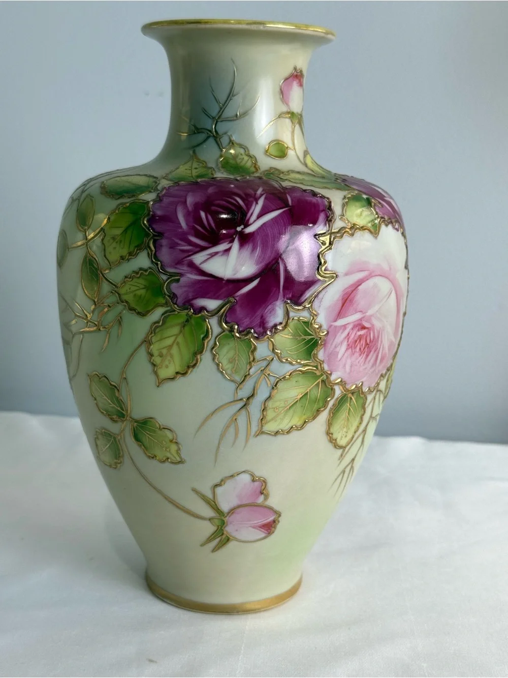 Vintage Vase Antique Hand Painted Nippon Floral Roses Gold Gilt Porcelain